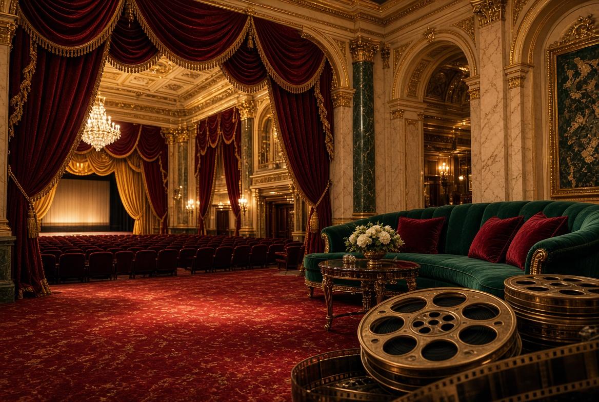 Private screening room with red velvet curtains, a sofa, a film reel and a glowing screen