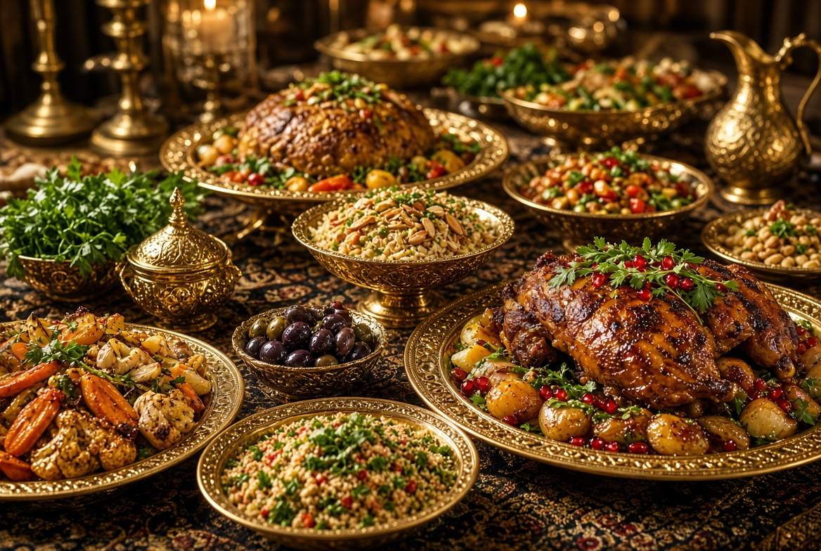 A banquet table covered with roast chicken, rice dishes, vegetables and gold serving platters