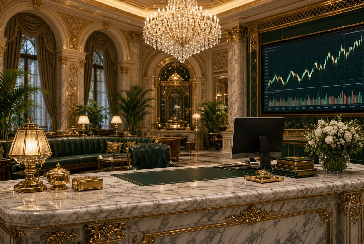 Elegant trading desk with a large screen showing a rising stock chart