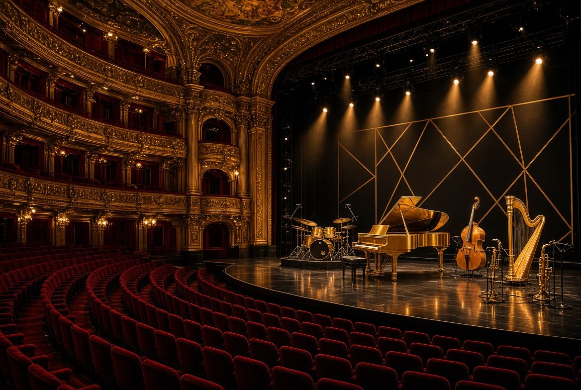 Grand concert hall stage with a piano, a harp and band instruments under warm spotlights