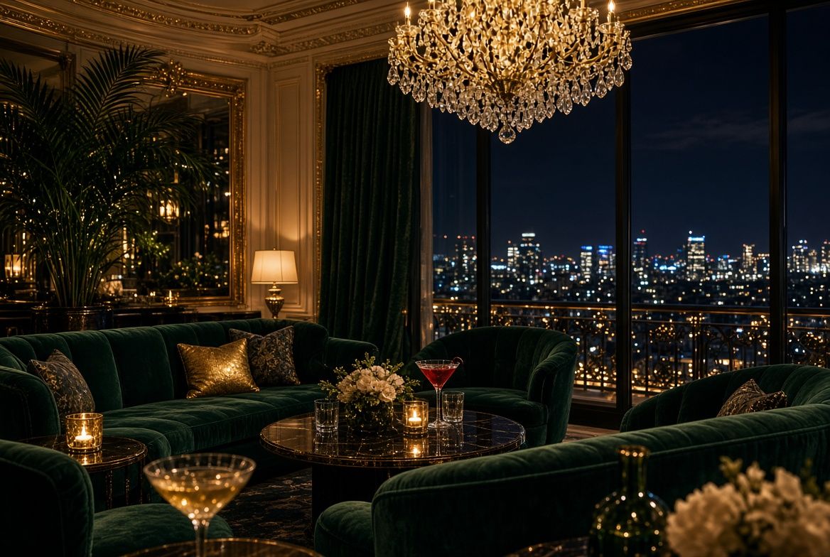 Upscale lounge with velvet sofas, a crystal chandelier and a night city skyline through tall windows