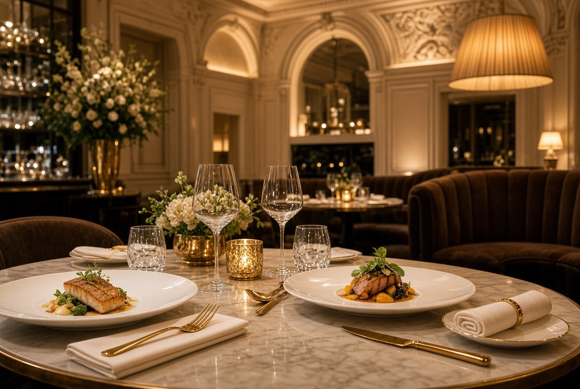 Fine dining room with set tables, plated dishes and warm lamps