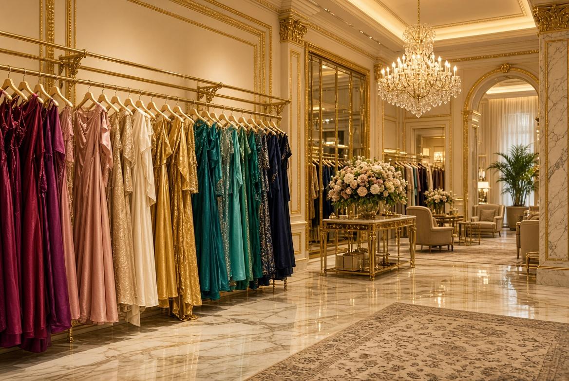 Bright boutique with colorful dresses on a rail under a crystal chandelier