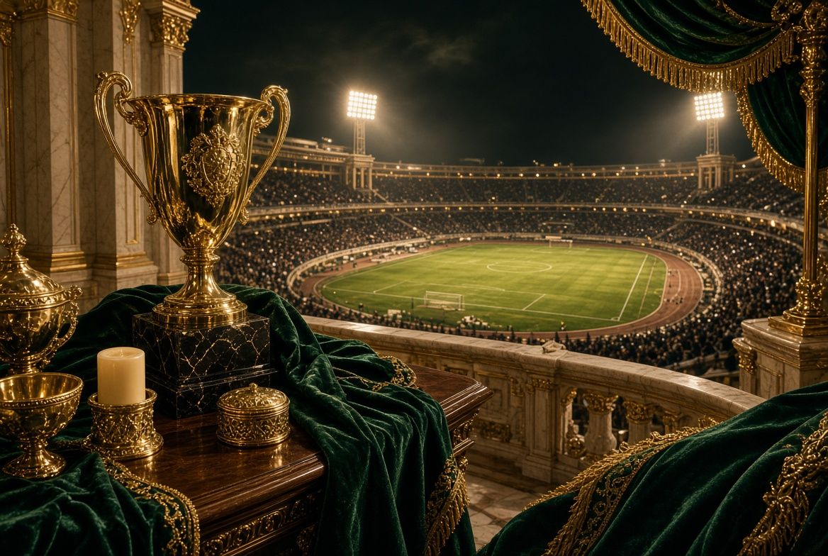 Night view of a lit stadium seen from a luxury box with a gold trophy on a side table