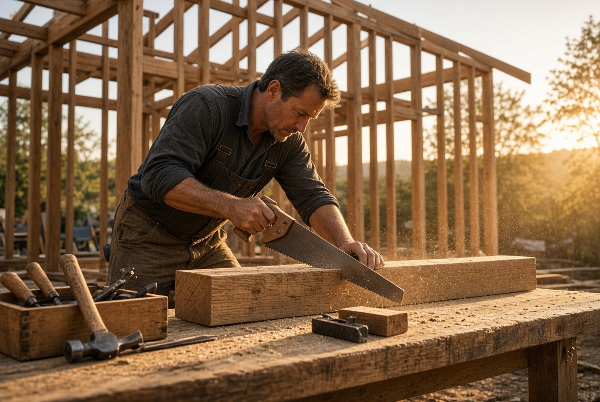 Carpenter cutting a wooden beam with a hand saw on a workbench in front of a house frame at sunset