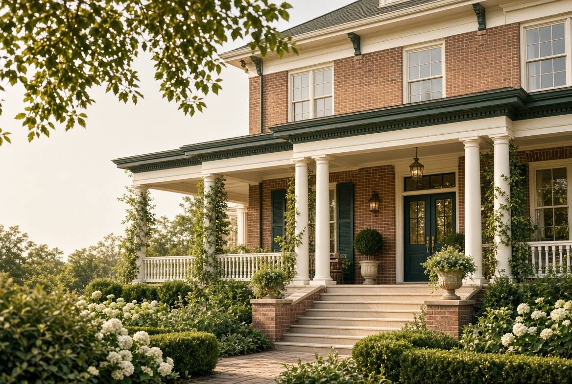 Brick colonial house with white columns, a front porch and blooming hydrangeas