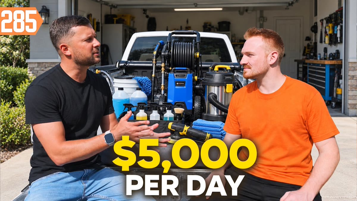 YouTube thumbnail of a detailer wiping a car outdoors with buckets and large title lettering