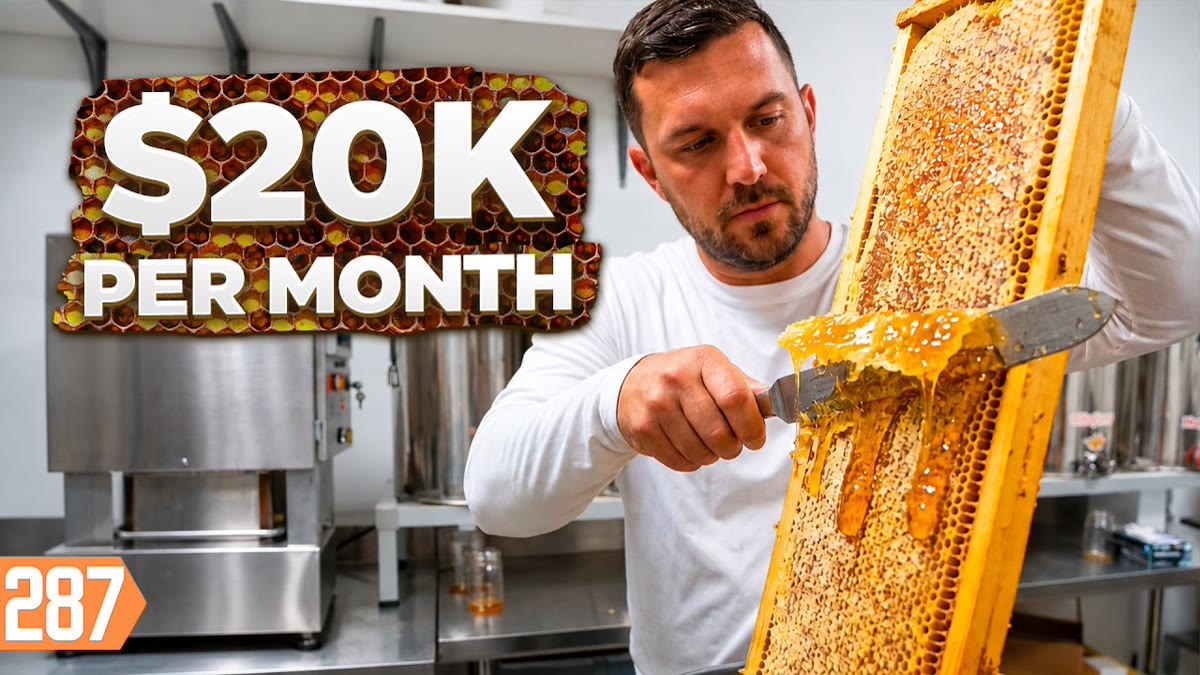 YouTube thumbnail of beekeepers beside hives with jars of honey and large title lettering
