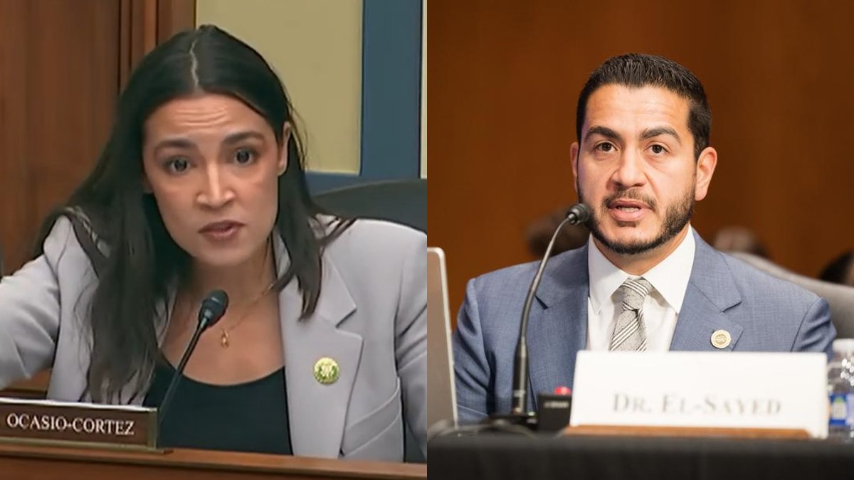 Alexandria Ocasio-Cortez speaking at a House hearing beside Abdul El-Sayed testifying at a Senate hearing