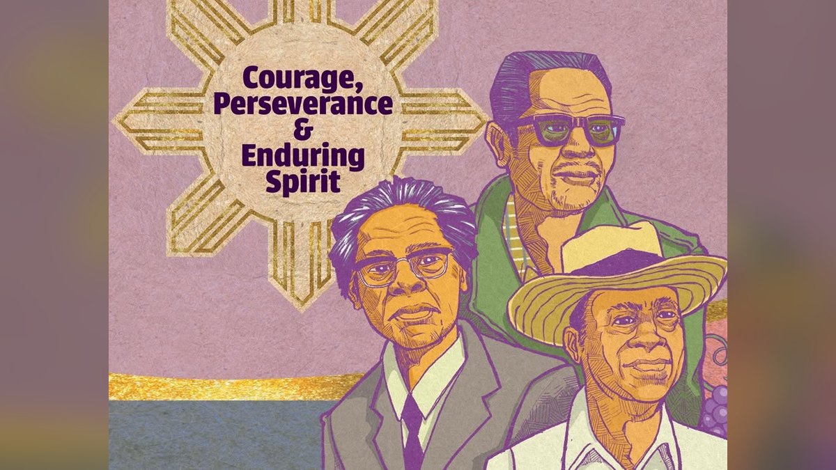 Colorful artwork honoring Filipino American labor leaders Larry Itliong, Philip Vera Cruz and Peter Velasco beside a golden sun