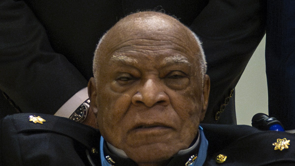 Retired Marine Maj. James Capers Jr. wearing the Medal of Honor ribbon and his dress uniform at the Pentagon