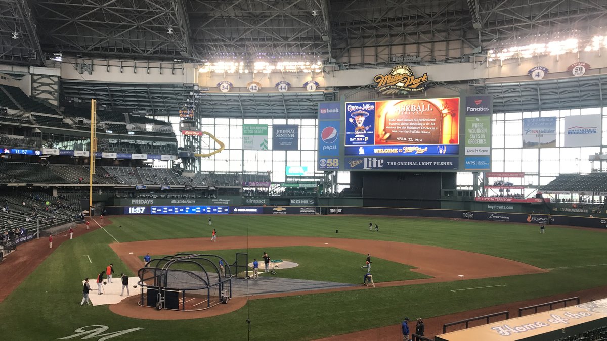 Milwaukee's ballpark, then called Miller Park and now American Family Field, with its roof closed during pregame batting practice