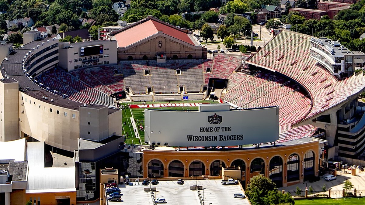 Aerial view of Camp Randall Stadium on the University of Wisconsin campus in Madison