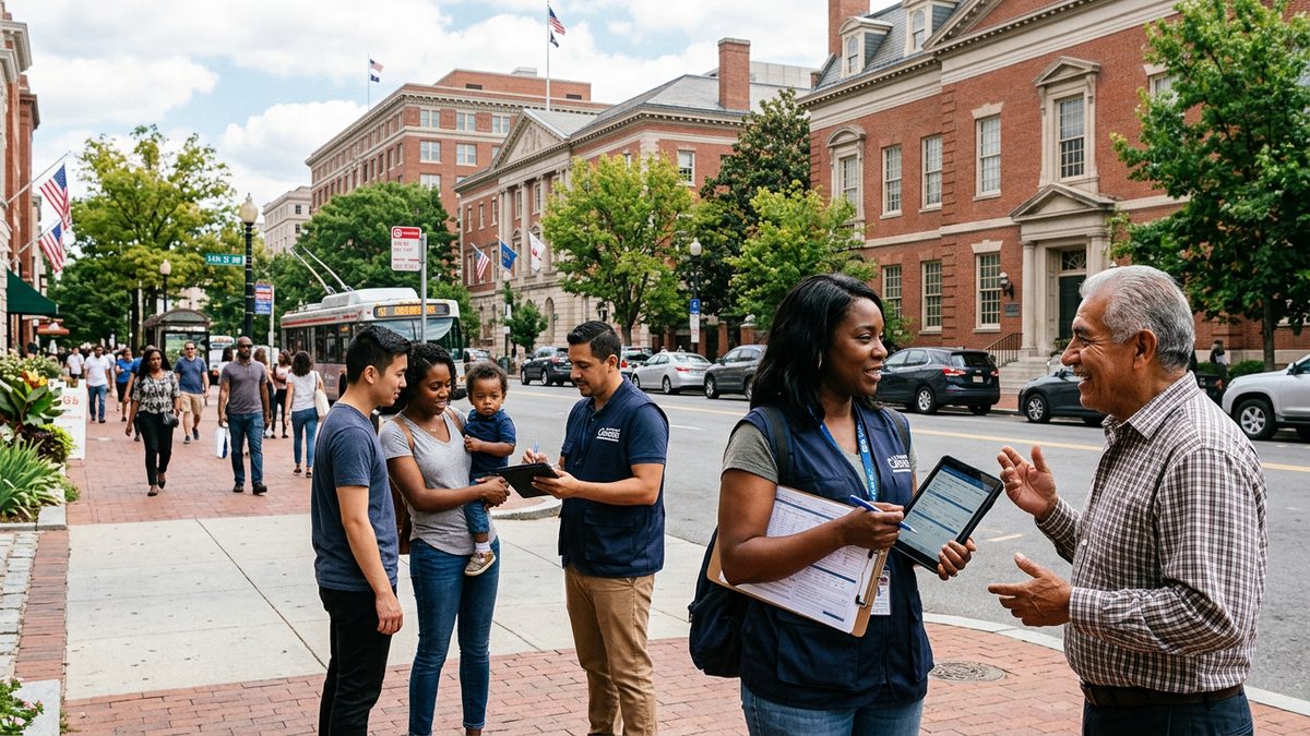 Census fieldworkers with clipboards talk with residents on a busy city street near federal-style buildings