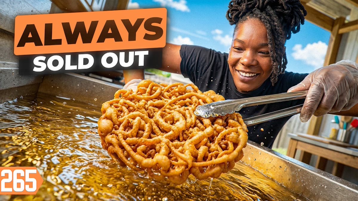 YouTube thumbnail of a funnel cake stand at a home walk-up window with large title lettering