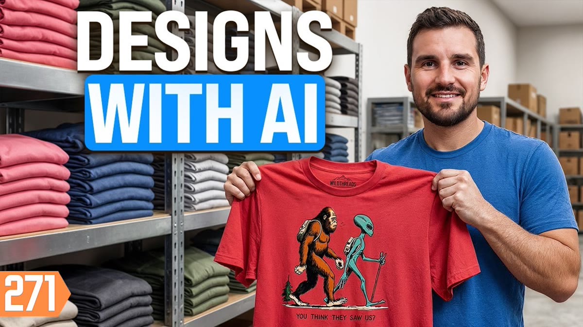 YouTube thumbnail of folded printed t-shirts on a table with large title lettering