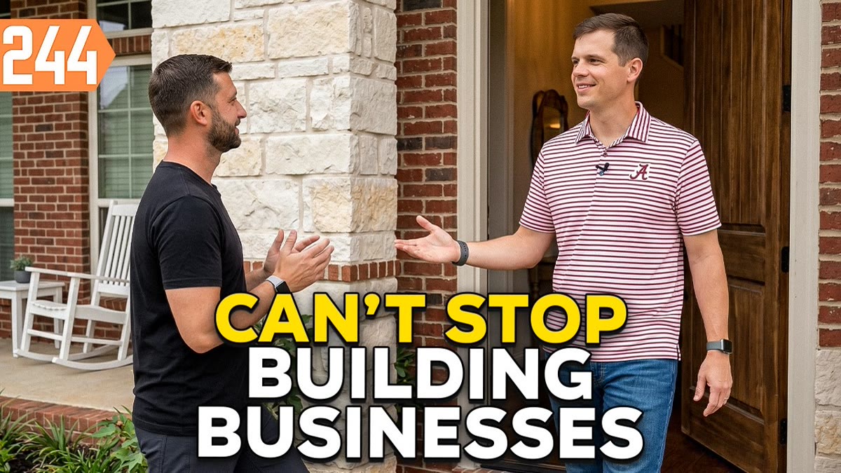 YouTube thumbnail of a small-business owner talking with students in a plain room and large title lettering