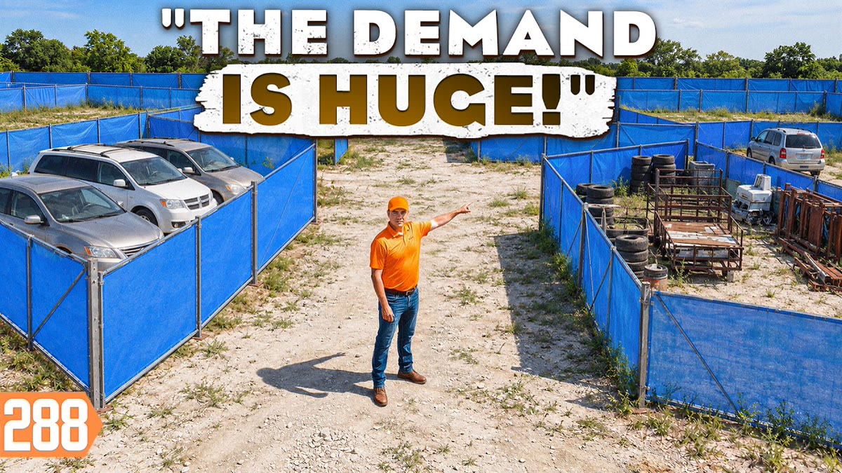 YouTube thumbnail of an open gravel storage yard with parked trailers and large title lettering