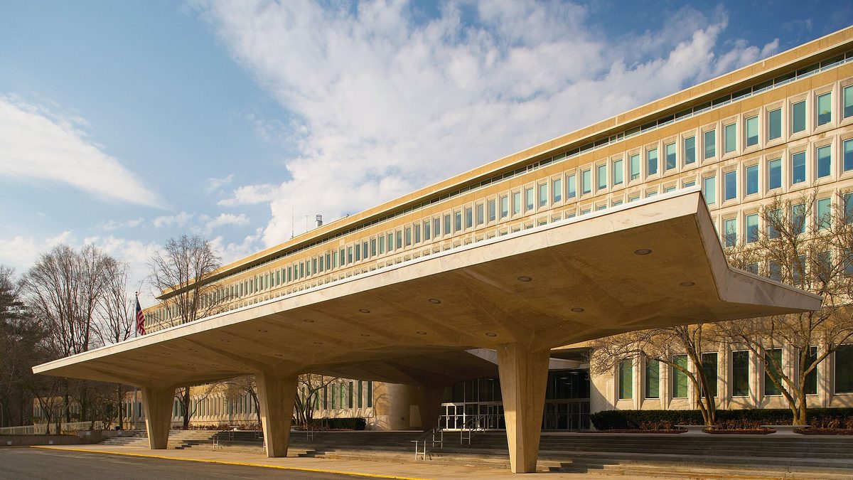 The entrance canopy of the CIA's Original Headquarters Building in Langley, Virginia