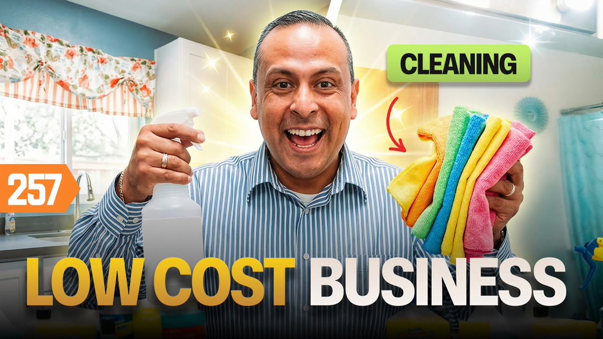 YouTube thumbnail of a cleaner with supplies in a home entryway and large title lettering