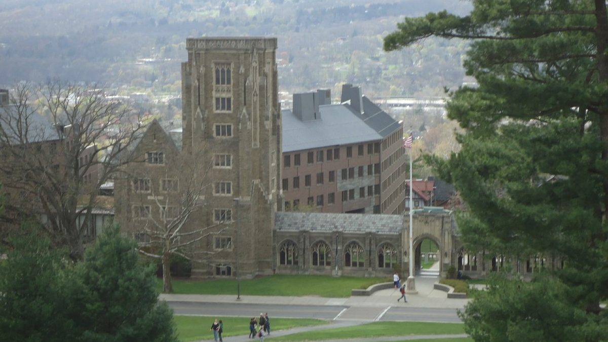 McGraw Tower and the Cornell University campus in Ithaca, New York, seen from above
