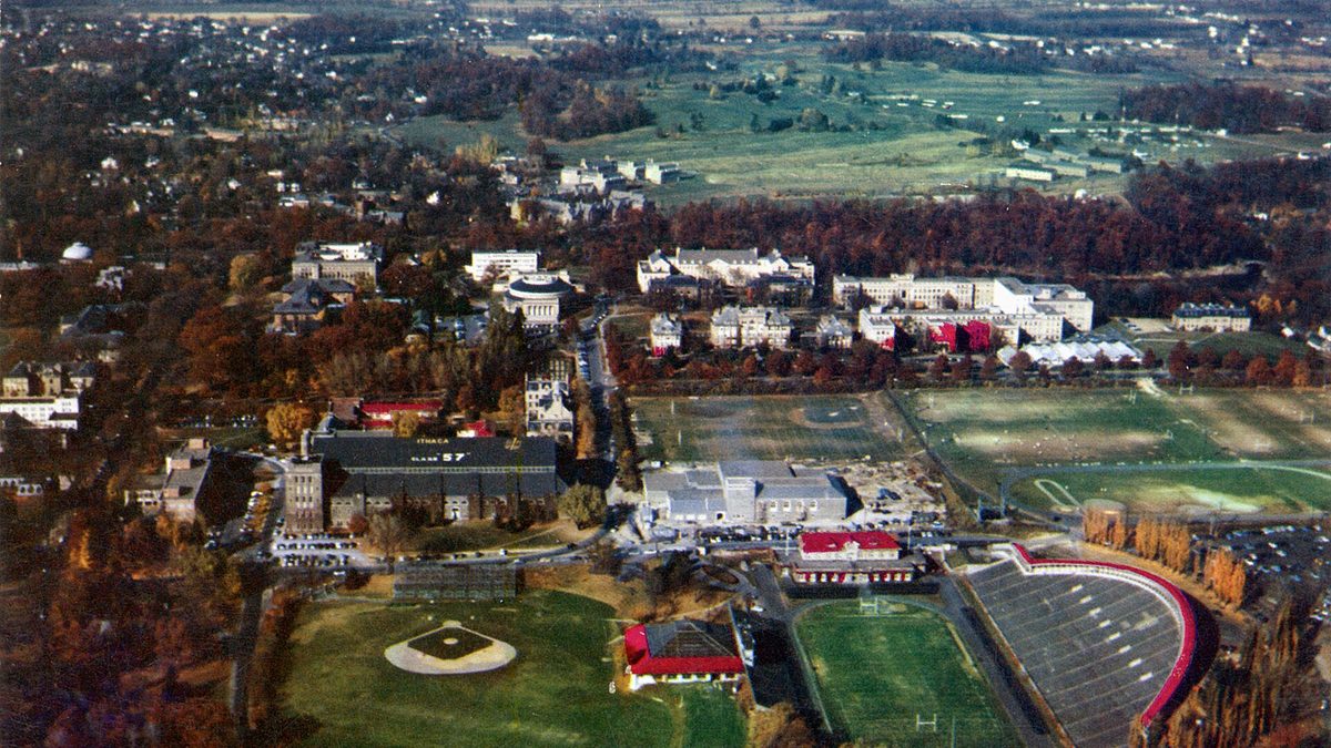 A vintage aerial view of the Cornell University campus