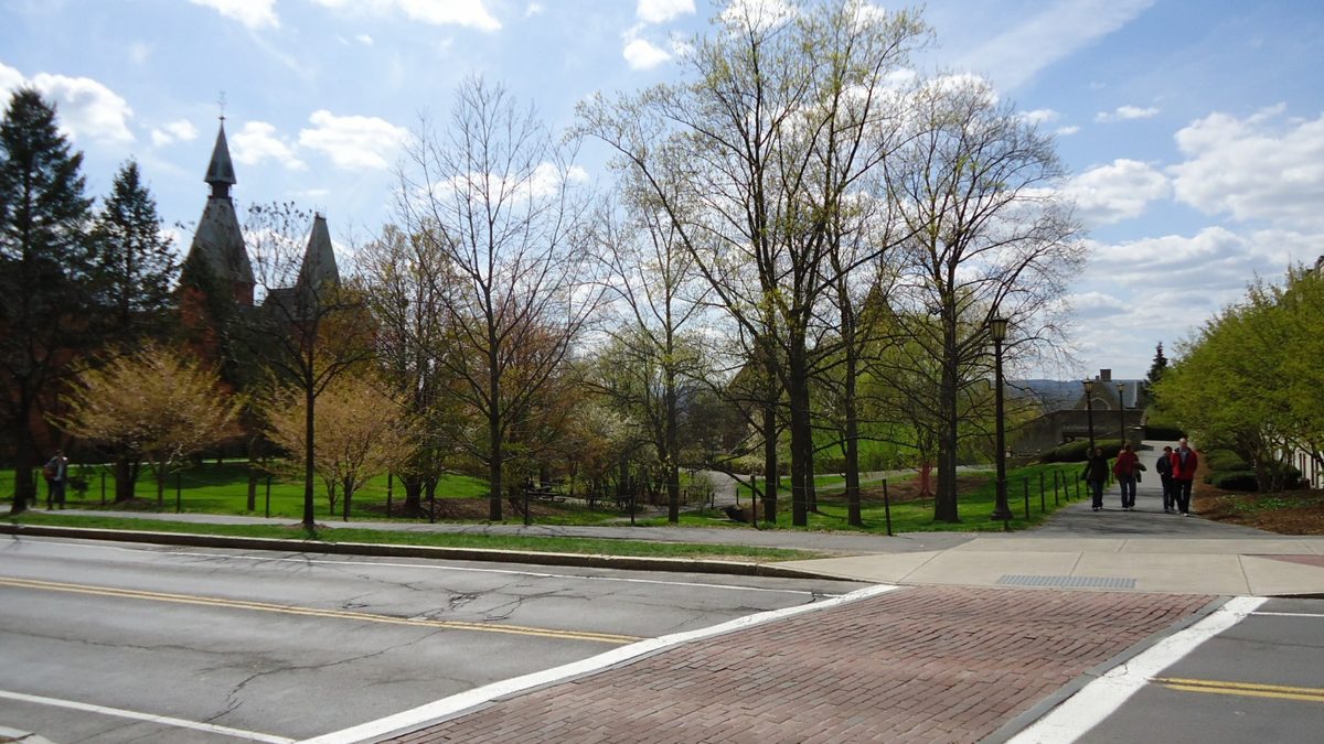 A crosswalk on East Avenue at Cornell University in Ithaca, New York