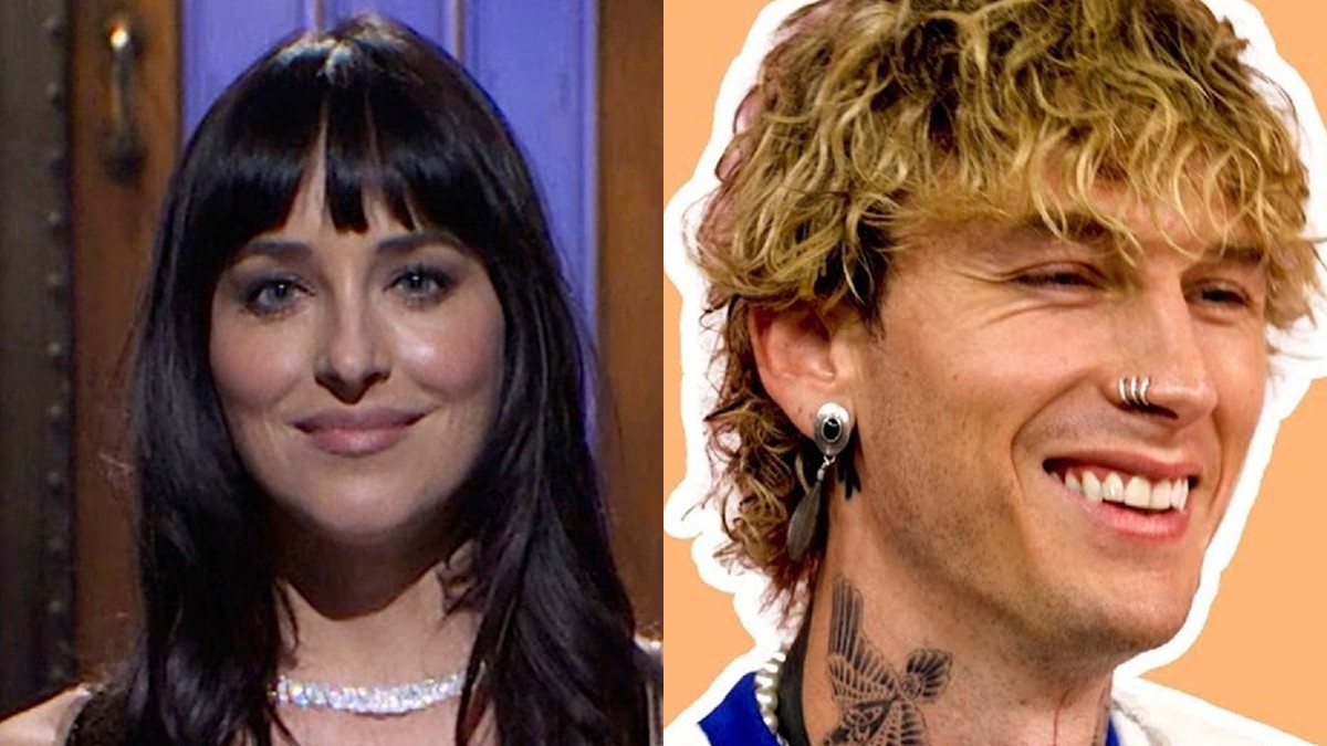 Dakota Johnson smiling on a TV stage beside Machine Gun Kelly grinning with curly blond hair