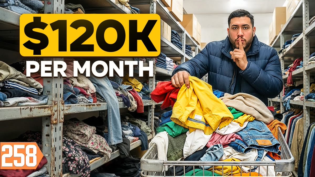 YouTube thumbnail of racks of secondhand clothing in a resale workspace with large title lettering
