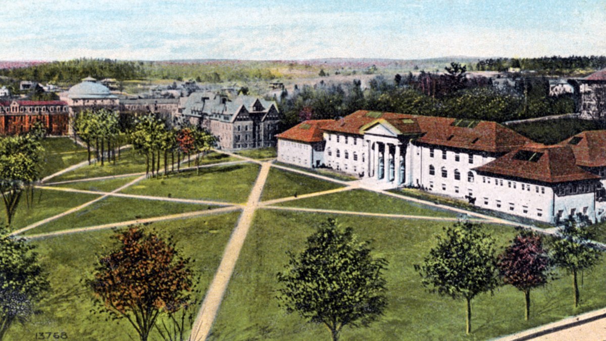 Vintage elevated view of the Cornell University campus quad and surrounding buildings