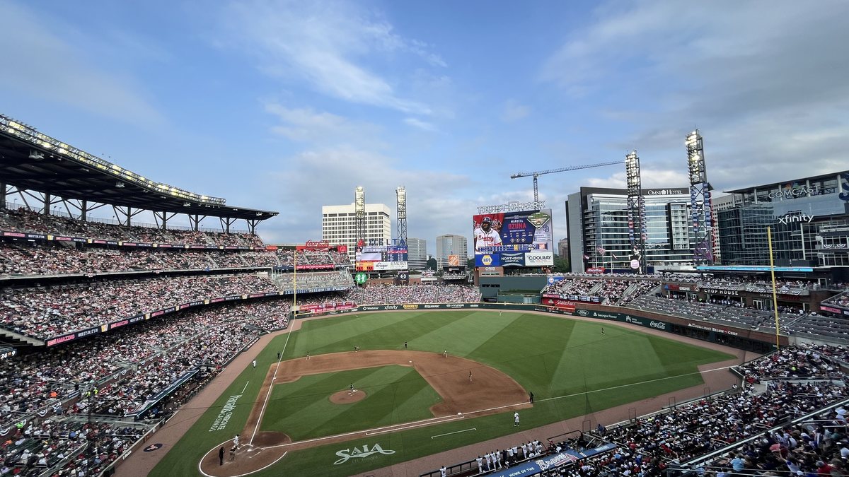Truist Park in Atlanta seen from high in the stands on a sunny day