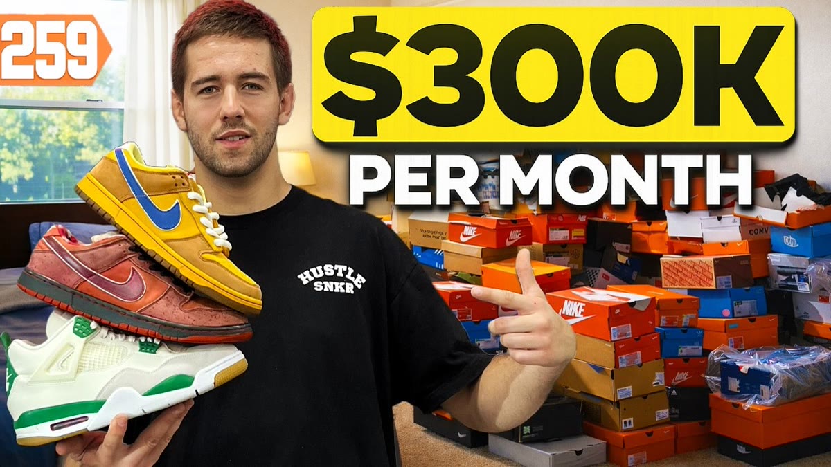 YouTube thumbnail of stacked sneaker boxes inside a small shop with large title lettering