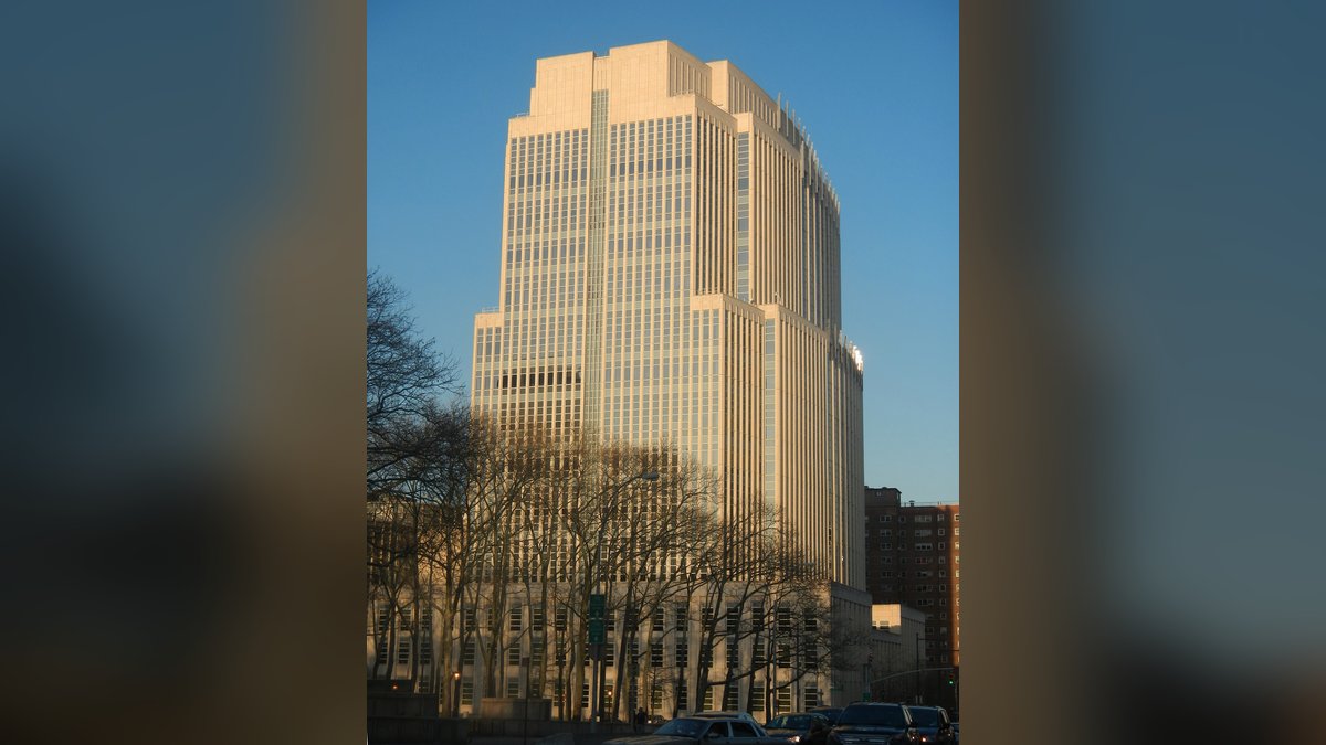 The federal courthouse in Brooklyn, New York, lit by the late afternoon sun