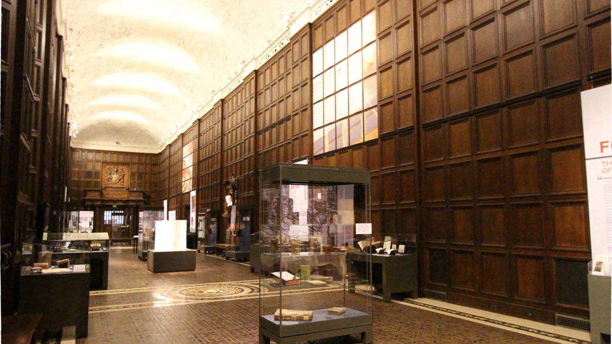 The wood-paneled Great Hall exhibition space at the Folger Shakespeare Library