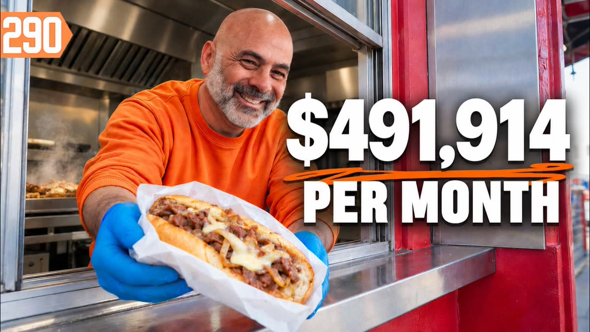 YouTube thumbnail of a cheesesteak counter with chopped steak on the grill and large title lettering