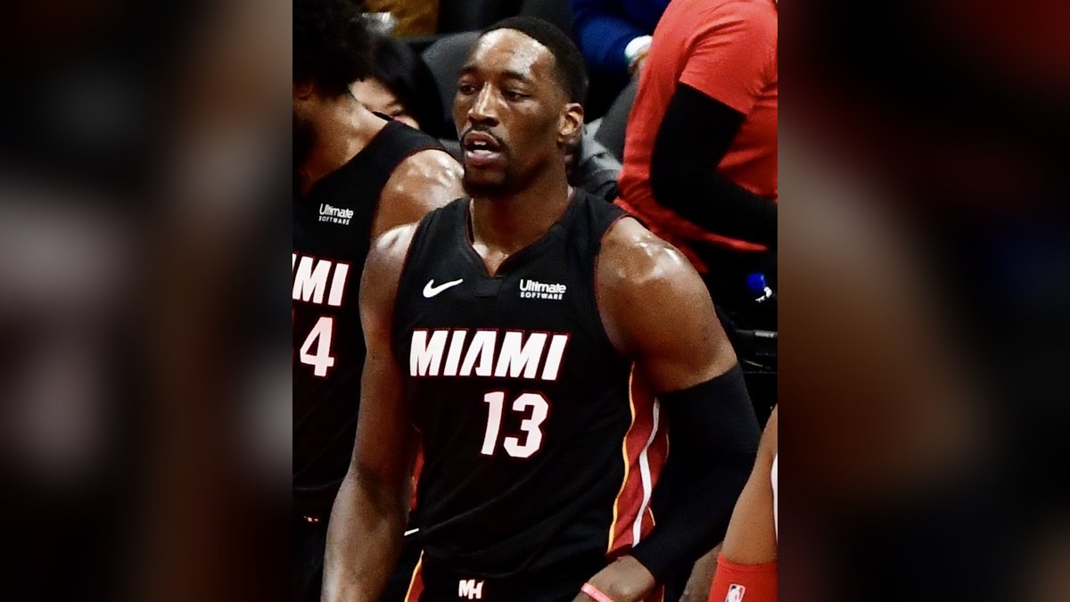 Bam Adebayo in a black Miami Heat No. 13 jersey on the court during a game