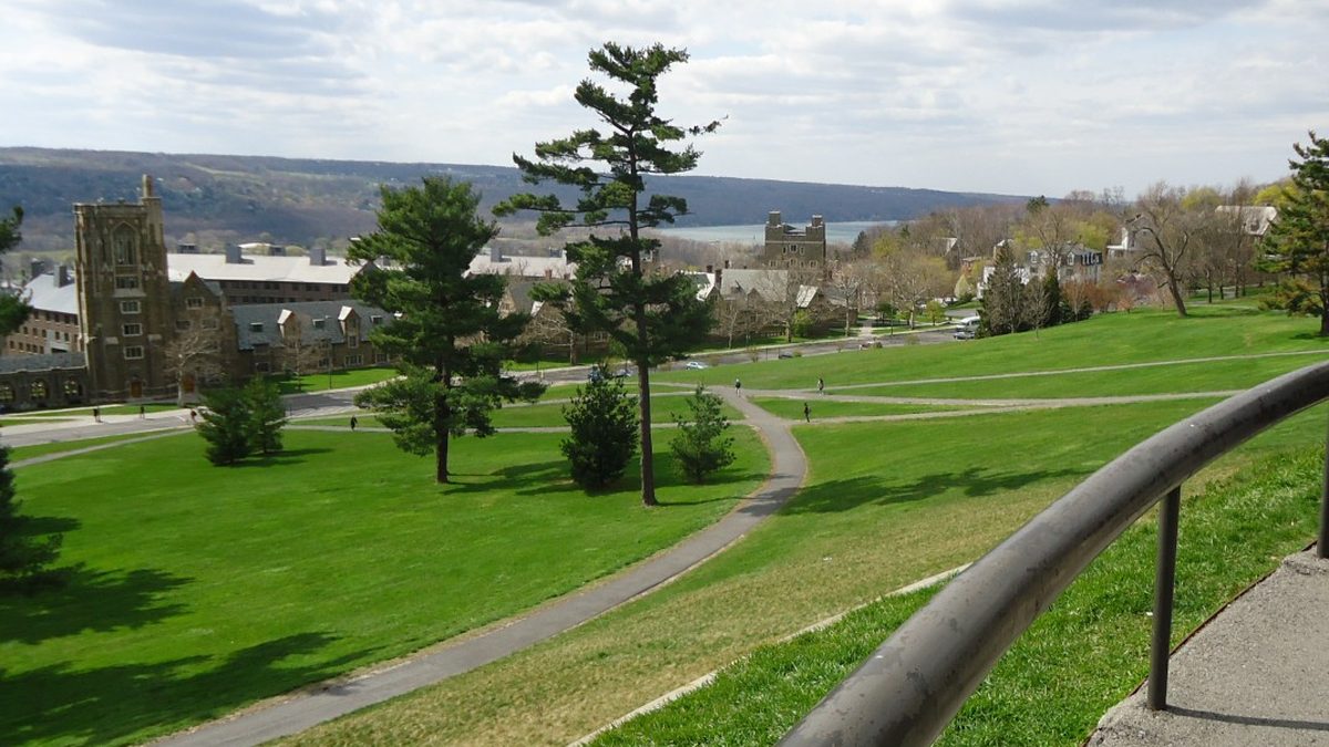 Libe Slope and West Campus at Cornell University with Cayuga Lake in the distance
