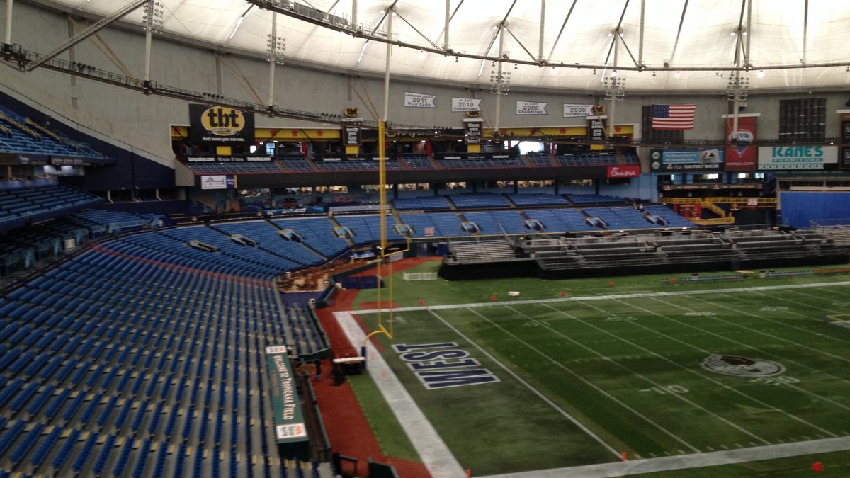 The empty stands and artificial turf inside Tropicana Field in St. Petersburg