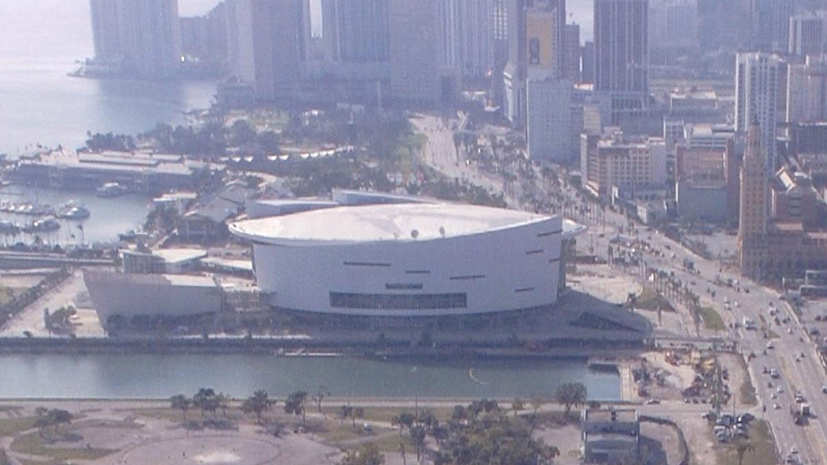 The glass arena now called Kaseya Center rises beside Biscayne Boulevard in downtown Miami