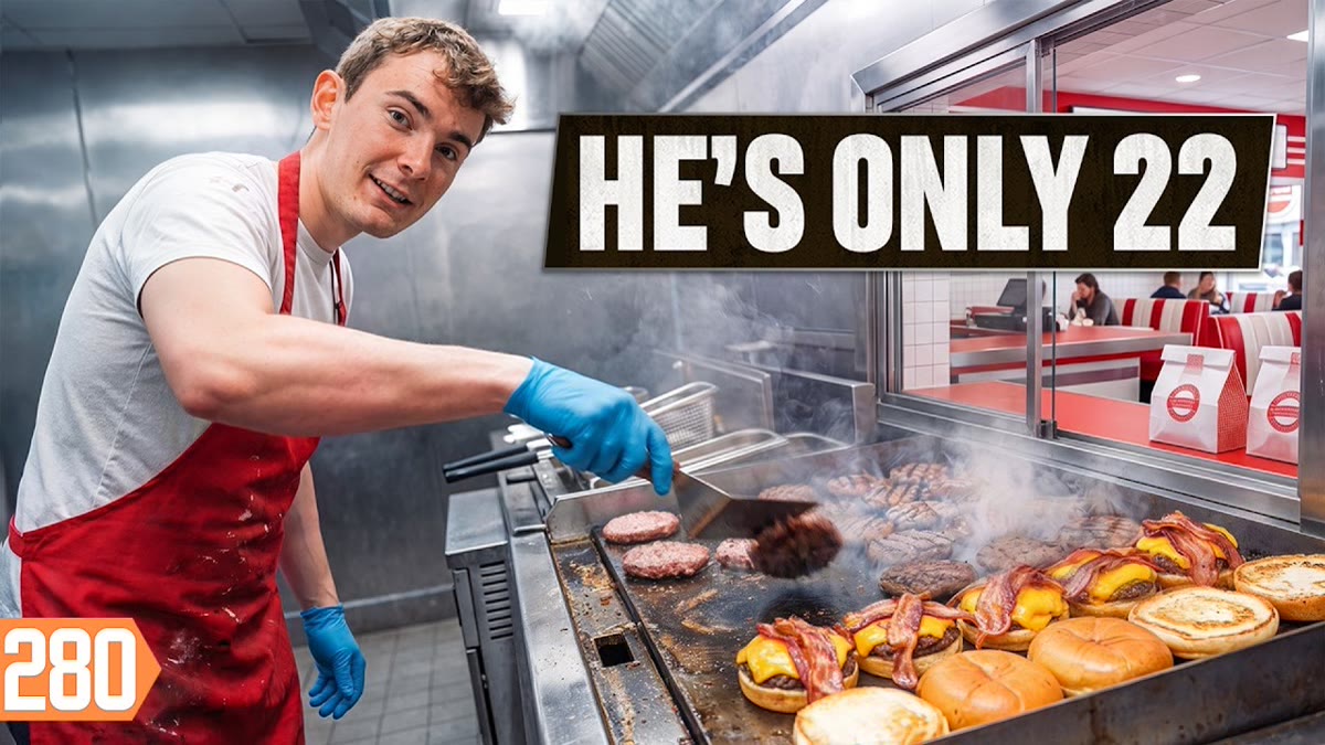 YouTube thumbnail of a smashed burger on a tray beside a food trailer with large title lettering
