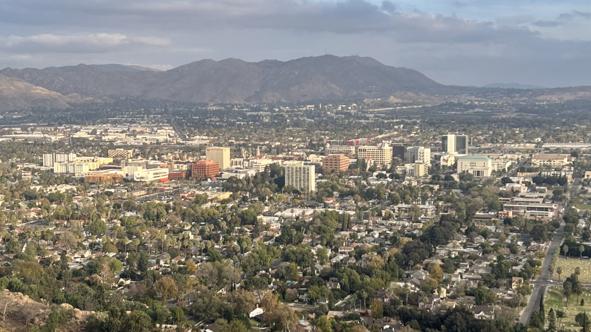 Downtown Riverside California skyline and Box Springs Mountains seen from Mount Rubidoux