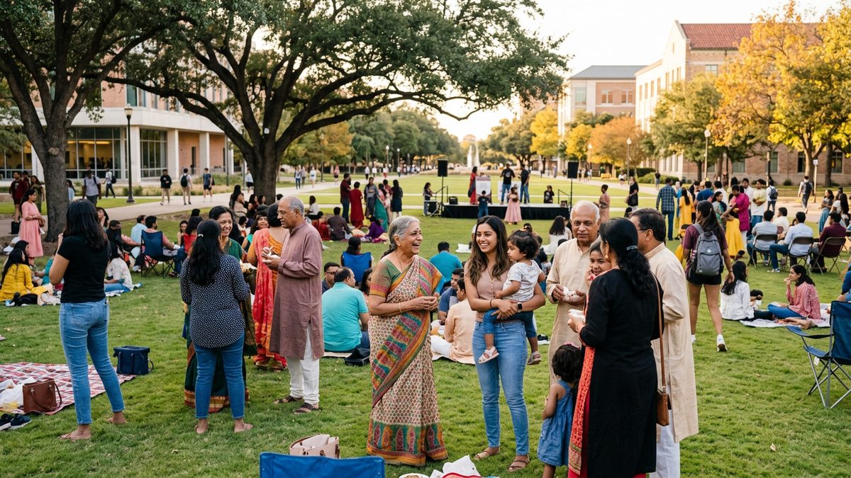 Indian American families and young professionals gather outdoors near a Texas university campus with live oak trees