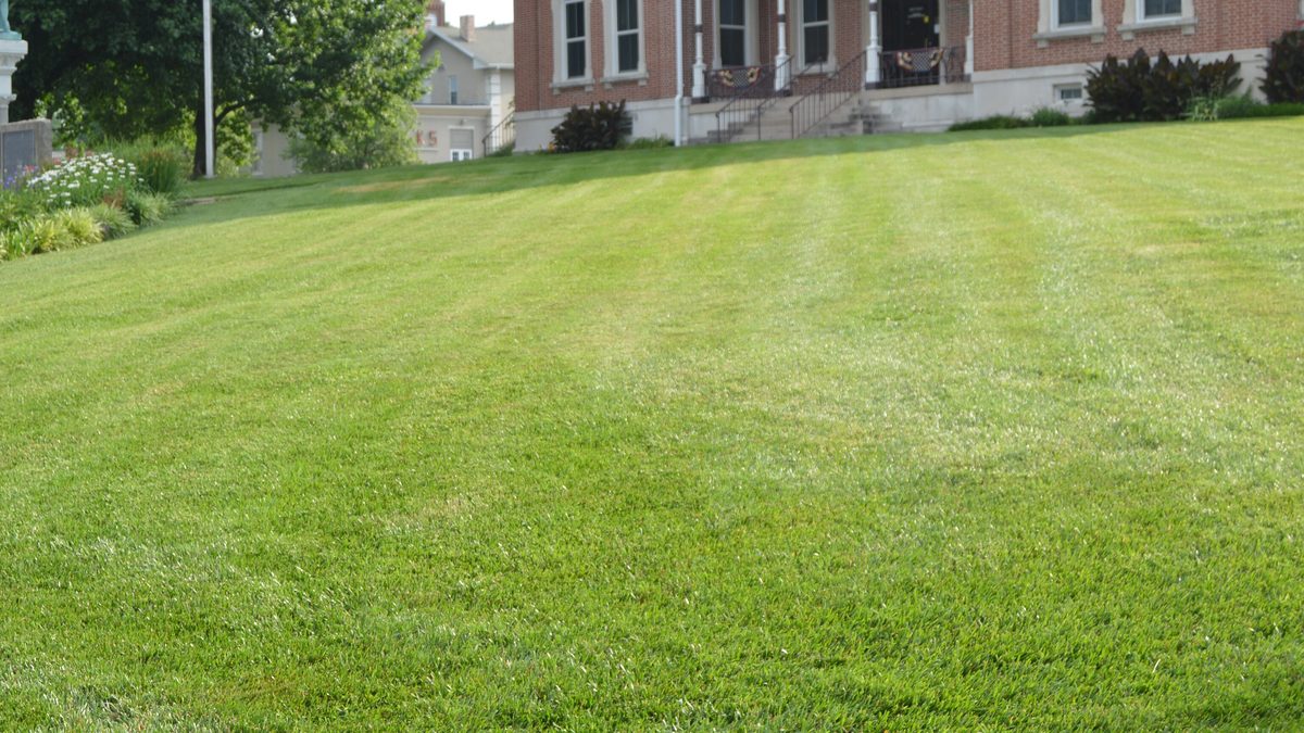 A neatly mowed courthouse lawn in southern Indiana