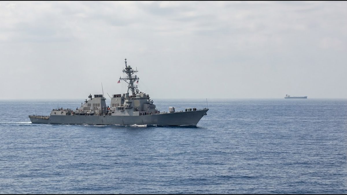 A U.S. Navy guided-missile destroyer sails through calm blue water under a hazy sky with a tanker on the horizon
