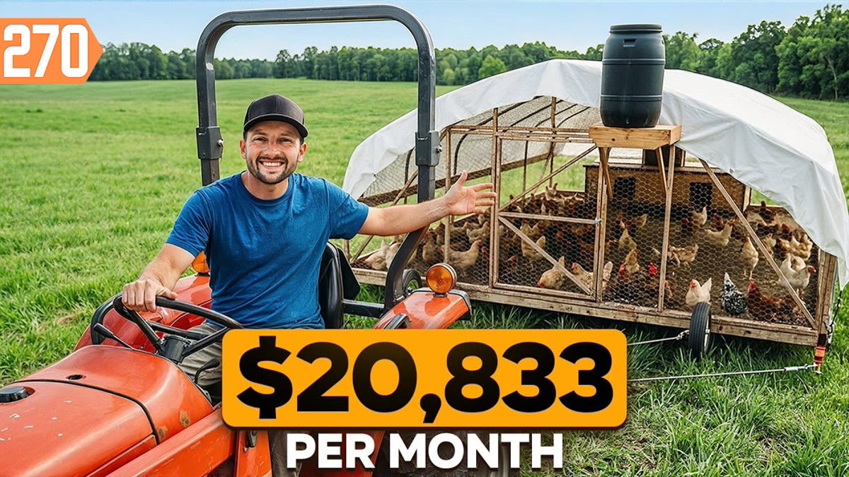 YouTube thumbnail of pasture chickens on a green field with a farmer and large title lettering