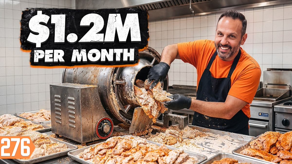 YouTube thumbnail of a fried chicken sandwich on a tray in a small shop with large title lettering