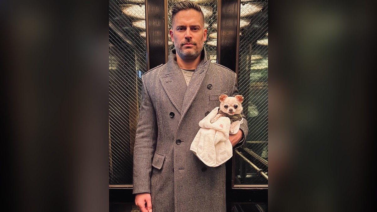 Joe Manganiello in a long gray coat holding a small dog in an elevator