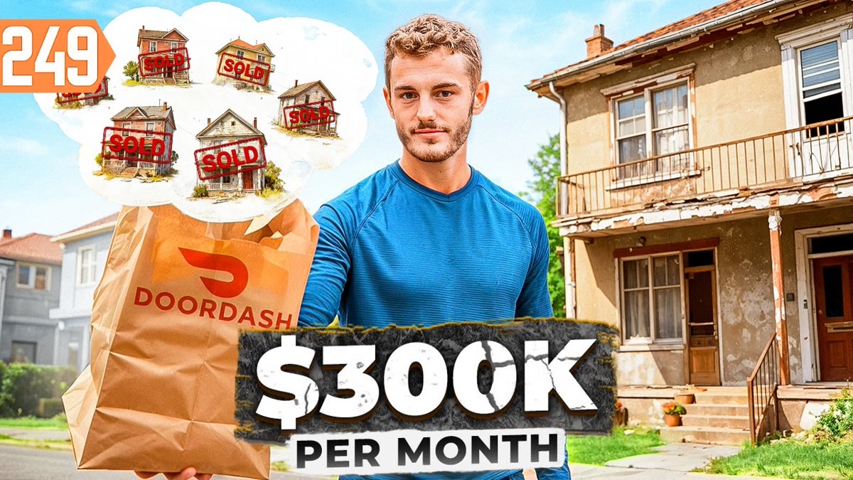 YouTube thumbnail of a young investor outside a rental house with large title lettering