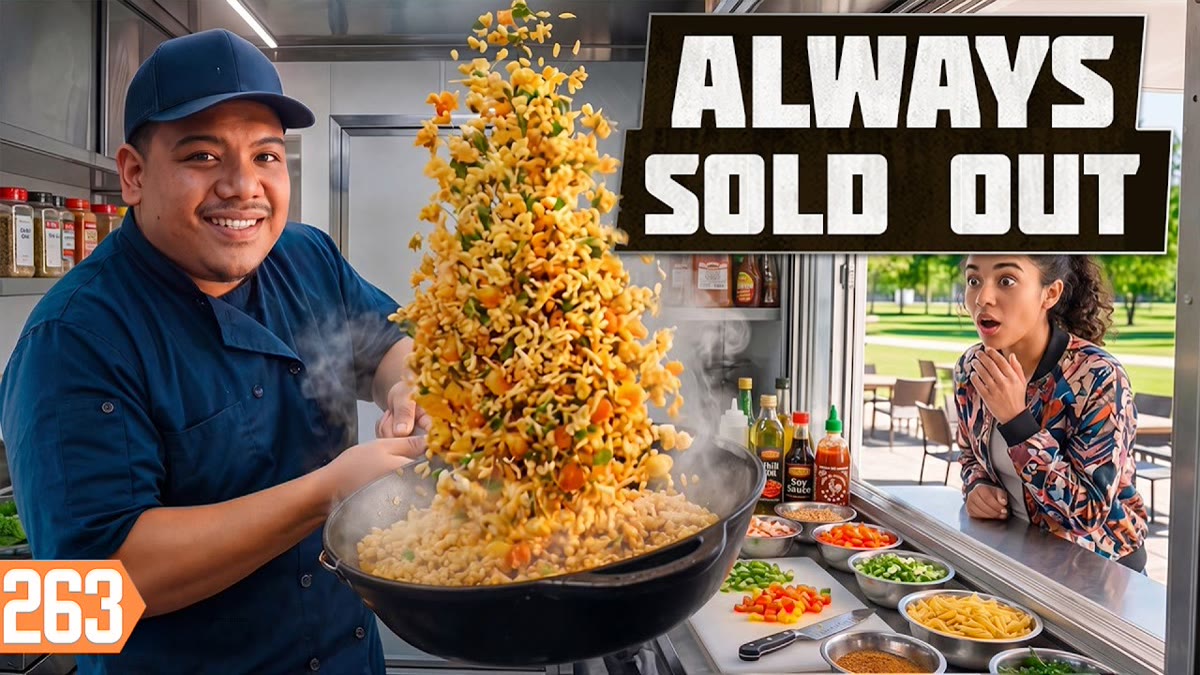 YouTube thumbnail of fried rice in takeout boxes beside a food truck with large title lettering