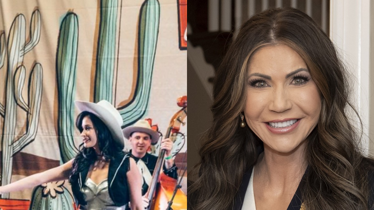 Kacey Musgraves in a white cowboy hat on stage beside a smiling Kristi Noem in a navy blazer